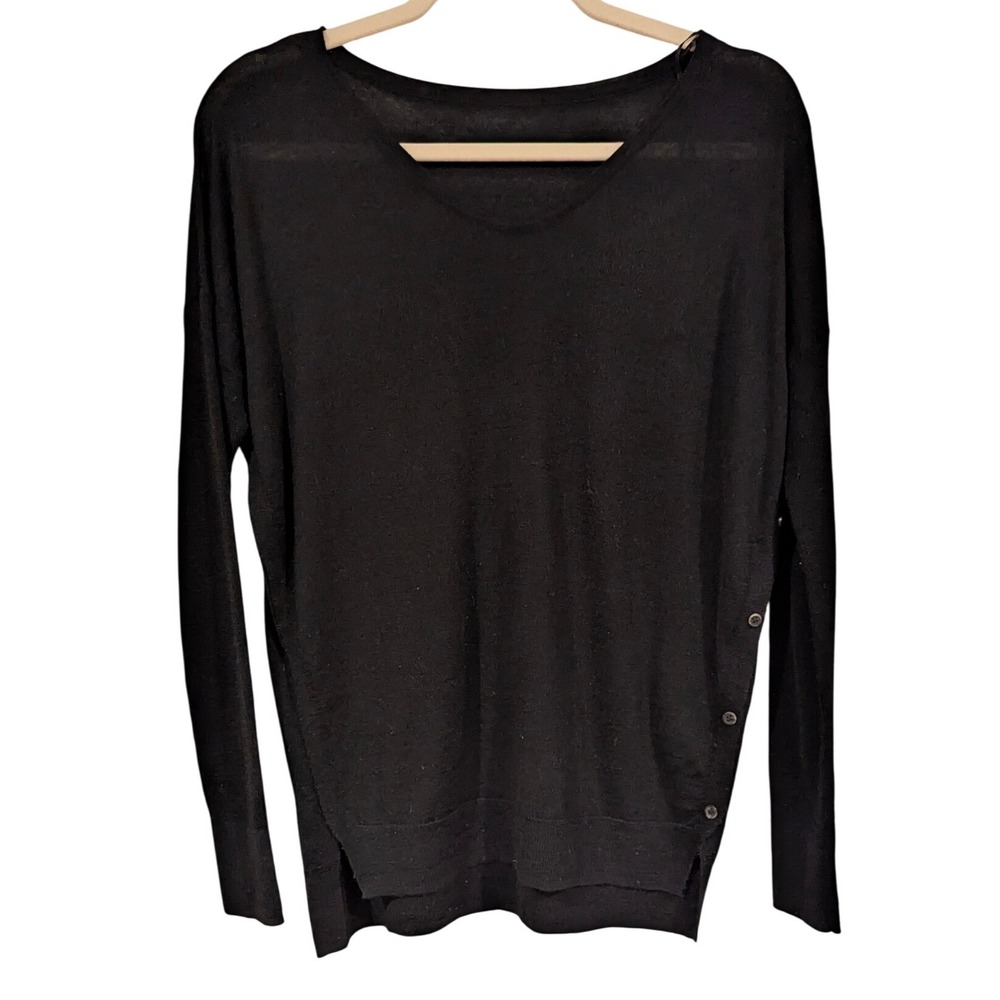 Giordano Ladies V Neck Black Sweater Wool Blend‎ Button Detail Long Sleeve